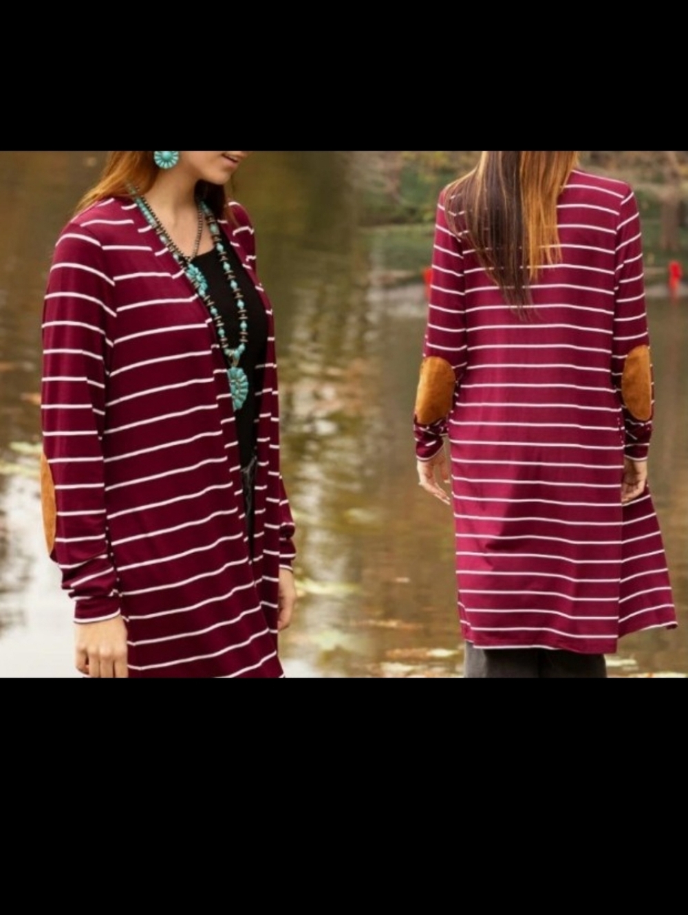 Striped Cardigan with Elbow Patches & Pockets * Burgundy & White
